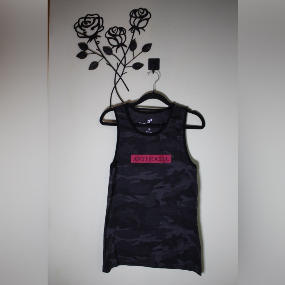 Upstanders Men’s Small Camo Tank Top Anti Social Graphic 100% Cotton